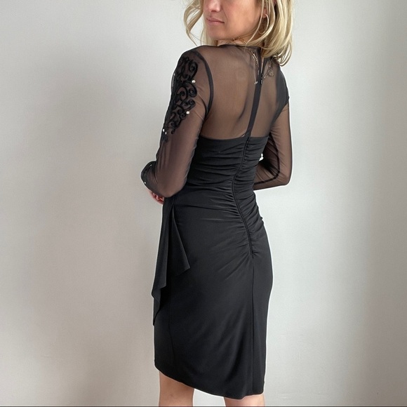 Xscape Black with Rhinestones Long Mesh Sleeve Dress Size 4 - Picture 3 of 12